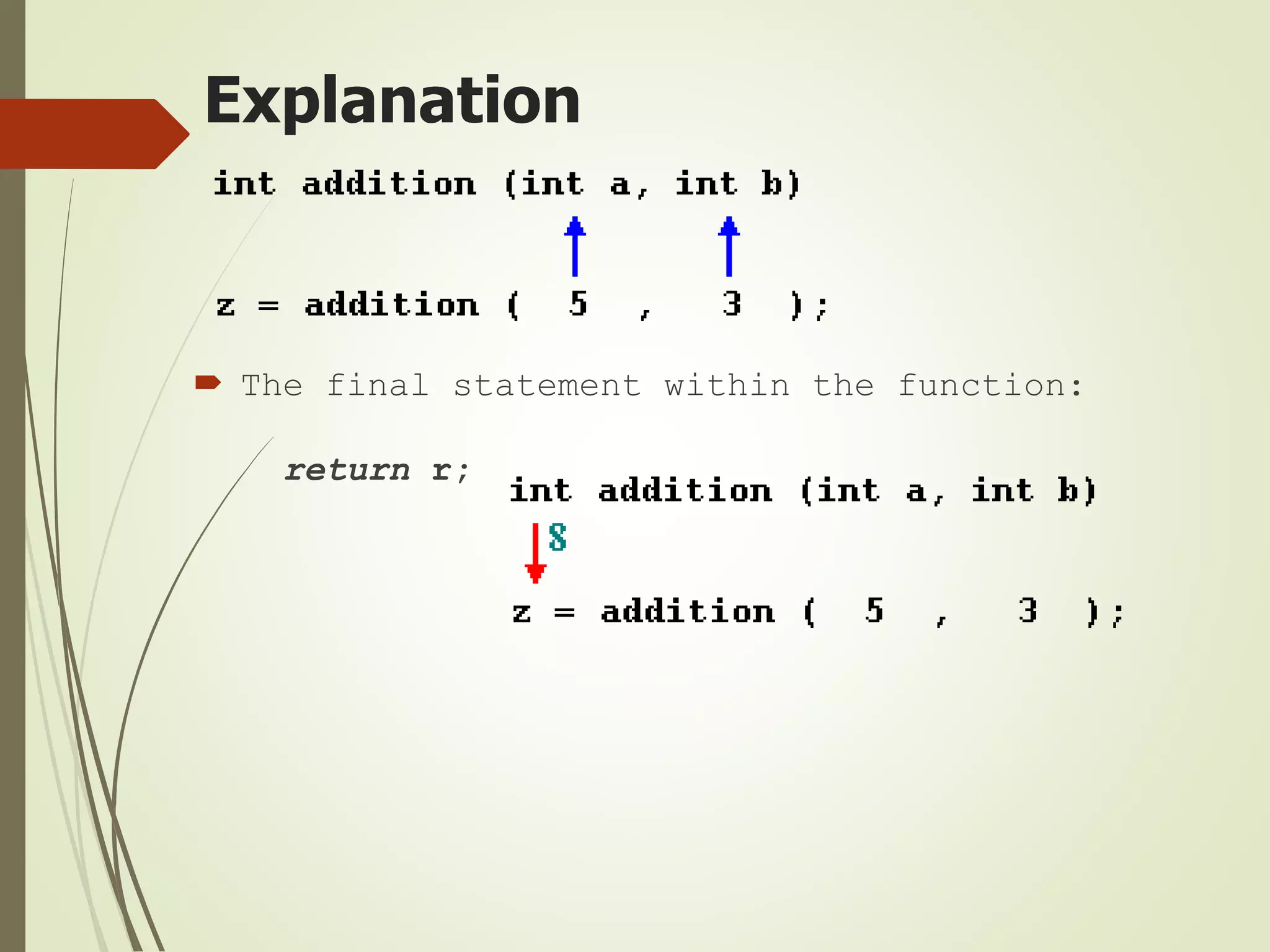 Explanation
 The final statement within the function:
return r;
 