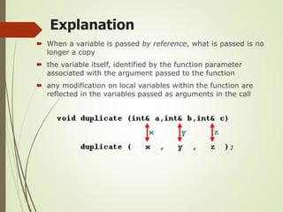 Explanation
 When a variable is passed by reference, what is passed is no
longer a copy
 the variable itself, identified by the function parameter
associated with the argument passed to the function
 any modification on local variables within the function are
reflected in the variables passed as arguments in the call
 