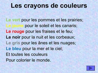 Les crayons de couleurs
Le vert pour les pommes et les prairies;
Le jaune pour le soleil et les canaris;
Le rouge pour les fraises et le feu;
Le noir pour la nuit et les corbeaux;
Le gris pour les ânes et les nuages;
Le bleu pour la mer et le ciel;
Et toutes les couleurs
Pour colorier le monde.
 