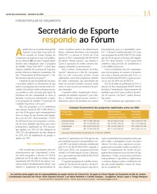 setembro
jornal dos economistas - setembro de 2004
                                                                                                                                                               15
          FÓRUM POPULAR DE ORÇAMENTO



                                    Secretário de Esporte
                                     responde ao Fórum
          A
                   gradecemos ao secretário municipal de    outros servidores inativos da administração         principalmente para as comunidades caren-
                   Esporte e Lazer, Ruy Cezar, pelo ofí-    direta, conforme determina a lei municipal          tes”. A dotação estabelecida pela LOA para
                   cio enviado ao Fórum Popular do          2.805/99”; e o decreto n° 24.515, de 13 de          este programa foi de R$ 5.596.971,00, sendo
          Orçamento, em resposta ao que fora publica-       agosto, no D.O., remanejando R$ 400.000,00          que até 30 de agosto já haviam sido liquida-
          do na coluna do JE, de maio. Naquela edição       da rubrica “dívida externa”, cujo objetivo é        dos 76% desta dotação. A LDO para 2004
          fizemos uma comparação entre o programa           “gerir as operações de crédito externas mu-         estabelece uma previsão de atendimento a
          de trabalho “Jogos Pan 2007” e outras duas        nicipais, efetuando as amortizações”.               1,016 milhão de pessoas.
          rubricas, também da secretaria de Esportes,           Para a rubrica “fornecimento da bolsa-              Nota-se claramente um viés comunitário
          porém, relativas ao desporto comunitário. São     esporte”, lamentou-se o fato de o programa          para este programa, no entanto, se levarmos
          elas: “Fornecimento de Bolsa-Esporte” e “In-      não ter sido reiniciado, porém, foram               em conta a dotação prevista pela LOA e a
          fra-estrutura esportiva em praças”.               explicitados outros dois programas, também          meta estabelecida pela LDO, o gasto por pes-
              A despeito do que fora publicado em maio,     de cunho comunitário, que apresentam um             soa no ano de 2004 será de R$ 5,51.
          o secretário ratificou as informações de que      ritmo de execução bastante razoável, sendo              Em 30 de julho foi publicado no D.O. o
          ambos os programas não estavam sendo exe-         todos os seus recursos provenientes do pró-         decreto 24.466, remanejando R$ 857.000,00
          cutados. Em relação à infra-estrutura em pra-     prio município.                                     da rubrica “manutenção e funcionamento de
          ças, justificou a não execução pela opção da          O primeiro deles, “manutenção e funcio-         unidades esportivas” para a rubrica “promo-
          prefeitura em dar continuidade às obras já        namento de unidades esportivas”, cujo obje-         ção do esporte e do lazer”, ambas destaca-
          iniciadas e enviou-nos informações a respei-      tivo é “atender crianças/jovens carentes e          das acima.
          to do programa de trabalho “Construção de         deficientes, através de atividades nos centros          É com satisfação que registramos a exe-
          Unidades Esportivas e de Lazer”.
              Para este programa, a LOA estabeleceu                      Evolução Orçamentária dos programas explicitados acima em 2004.
          uma dotação inicial de R$ 14.386.384,00 e,
          até o dia 30 de agosto, após remanejamentos           Programas                 Construção                    Manutenção e             Promoção
          feitos ao longo do ano, haviam sido liquida-          de Trabalho               Unidades                      Funcionamento de         do Esporte
                                                                                          e de Lazer                    Unidades Esportivas      e do Lazer
          dos cerca de 105% deste montante. A LDO
          de 2004 prevê para este programa a constru-           Dotação Inicial           R$ 14.386.384,00              R$ 20.330.614,00         R$ 5.596.971,00
          ção de: nove unidades esportivas; um centro           Dotação Atual             R$ 16.936.881,00              R$ 23.963.140,00         R$ 7.510.868,00
          poliesportivo, implantado na AP3; um par-             Empenhado                 R$ 16.814.842,02              R$ 14.437.469,14         R$ 4.904.107,99
          que aquático, na AP3; 25 vilas olímpicas na           Liquidado                 R$ 15.097.835,83              R$ 11.281.838,05         R$ 4.266.231,33
          AP5; 70% de implantação de vilas olímpicas            Execução Orçamentária do período de 1/1/04 até 30/8/04
          na AP3; 16% de implantação de parque a-
          quático na AP5.                                   esportivos”, apresentou, até 30 de agosto, um       cução orçamentária dos programas acima, seja
                                                            percentual de execução correspondente à cer-        pelo cunho e abrangência social, seja pelos
                       Viés comunitário                     ca de 58% em relação à dotação estabelecida         valores. Nos dois casos, superiores aos pro-
                                                            pela LOA, de R$ 20.330.614,00. Segundo a            gramas não-executados citados na edição re-
              Cabe ressaltar que encontramos dois dos       LDO para 2004, este programa pretende               ferida. O cumprimento do orçado em pro-
          remanejamentos que “engordaram” a dota-           atender a 102 mil crianças/jovens e deficien-       gramas desta natureza vai ao encontro do que
          ção deste programa: o decreto n° 24.464,          tes, o que resulta em uma média de R$ 199,32        almejamos. Oxalá, essa postura permeasse
          publicado em 30 de julho no Diário Oficial,       por pessoa atendida.                                toda prefeitura. O que destoa é registrarmos
          transferindo R$ 539.236,00 da rubrica “ser-           O segundo programa de trabalho menci-           o rotineiro desprezo pelas contribuições da-
          vidores inativos da administração direta”, cujo   onado foi “promoção do esporte e do lazer”,         das pelo poder legislativo através de emen-
          objetivo é “pagamento de aposentadoria de         cujo objetivo é “manter projetos esportivos,        das ao orçamento.


                                   responsabilidade                      Corecon-RJ,                   Popular                        Janeiro.
   As matérias desta página são de responsabilidade da equipe técnica do Corecon-RJ, de apoio ao Fórum Popular de Orçamento do Rio de Janeiro.
  Coordenação Executiva do Fórum: Ruth Espínola Soriano, Luiz Mario Behnken e Camilla Sampaio. Estagiários: Bruno Lopes e Thiago Marques.
  Coordenação Executiva             Ruth          Soriano,             Behnken                                                        Marques.
                                     Correio eletrônico: fporj@bol.com.br - Portal: www.corecon-rj.org.br - www.fporj.blogger.com.br
 