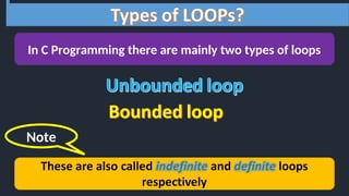 In C Programming there are mainly two types of loops
Note
 