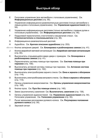 Быстрый обзор 
Голосовое управление (все автомобили с голосовым управлением). См. 
Информационные дисплеи (стр. 90). 
E 
Управление информационно-развлекательным дисплеем (только автомобили с 
левым рулем и голосовым управлением). См. Управление аудиосистемой (стр. 
54). 
E 
Управление информационным дисплеем (только автомобили с правым рулем и 
голосовым управлением). См. Информационные дисплеи (стр. 90). 
E 
Подрулевой переключатель очистителей и омывателей стекол. См. 
Стеклоочистители и стеклоомыватели (стр. 56). 
F 
G Информационно-развлекательный дисплей. 
H Аудиоблок. См. Краткое описание аудиоблока (стр. 253). 
--I-------- Кнопка запирания дверей. См. Блокировка и разблокировка замков (стр. 41). 
Кнопка аварийной световой сигнализации См. Аварийная световая сигнализация 
(стр. 65). 
J 
Выключатель открывающейся вверх двери с приводом. См. Блокировка и 
разблокировка замков (стр. 41). 
K 
Переключатель системы помощи при парковке. См. Система помощи при 
парковке (стр. 158). 
L 
Выключатель активной системы помощи при парковке. См. Активная система 
помощи при парковке (стр. 162). 
M 
Выключатель электрообогрева заднего стекла См. Окна и зеркала с обогревом 
(стр. 114). 
N 
Выключатель электрообогрева ветрового стекла. См. Окна и зеркала с обогревом 
(стр. 114). 
O 
Органы управления микроклиматом. См. Органы управления микроклиматом 
(стр. 108). 
P 
Q Кнопка пуска. См. Пуск без помощи ключа (стр. 140). 
R Замок (выключатель) зажигания См. Выключатель зажигания (стр. 138). 
Органы управления аудиосистемой. См. Управление аудиосистемой (стр. 54). 
Голосовое управление. См. Голосовое управление (стр. 55). 
S 
Рычаг механизма регулировки рулевого колеса. См. Регулировка положения 
рулевого колеса (стр. 54). 
T 
U Звуковой сигнал 
12 
 