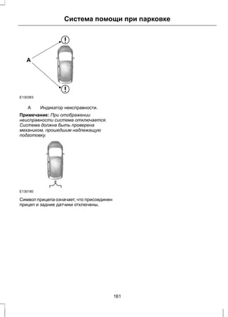 A 
E130383 
Система помощи при парковке 
A Индикатор неисправности. 
Примечание: При отображении 
неисправности система отключается. 
Система должна быть проверена 
механиком, прошедшим надлежащую 
подготовку. 
E130180 
Символ прицепа означает, что присоединен 
прицеп и задние датчики отключены. 
161 
 