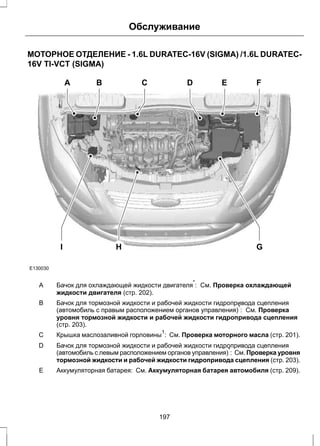 Обслуживание 
МОТОРНОЕ ОТДЕЛЕНИЕ - 1.6L DURATEC-16V (SIGMA) /1.6L DURATEC- 
16V TI-VCT (SIGMA) 
E130030 
A B C D E F 
I H G 
Бачок для охлаждающей жидкости двигателя*: См. Проверка охлаждающей 
жидкости двигателя (стр. 202). 
A 
Бачок для тормозной жидкости и рабочей жидкости гидропривода сцепления 
(автомобиль с правым расположением органов управления)*: См. Проверка 
уровня тормозной жидкости и рабочей жидкости гидропривода сцепления 
(стр. 203). 
B 
С Крышка маслозаливной горловины1: См. Проверка моторного масла (стр. 201). 
Бачок для тормозной жидкости и рабочей жидкости гидропривода сцепления 
(автомобиль с левым расположением органов управления)*: См. Проверка уровня 
тормозной жидкости и рабочей жидкости гидропривода сцепления (стр. 203). 
D 
E Аккумуляторная батарея: См. Аккумуляторная батарея автомобиля (стр. 209). 
197 
 