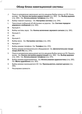 Обзор блока навигационной системы 
Поиск в направлении увеличения частоты вещания Выбор записи на CD. Конец 
вызова. См. Кнопки настройки радиостанций (стр. 260). См. Выбор дорожки 
(стр. 265). См. Использование телефона (стр. 274). 
J 
K Выбор главной страницы. См. Настройки системы (стр. 244). 
Трансляция сообщений об обстановке на дорогах. См. Система передачи 
дорожных сообщений (стр. 250). 
L 
M Функция 4. 
N Выбор системы звука. См. Кнопка включения звукового сигнала (стр. 260). 
O Функция 3. 
P ОК. 
Q Функция 2. 
R Выбор меню. См. Настройки системы (стр. 244). 
S Функция 1. 
T Выбор режима телефона См. Телефон (стр. 272). 
Выбор режима вспомогательного оборудования См. Дополнительное гнездо 
входа (AUX IN) (стр. 270). 
U 
Поиск в направлении уменьшения частоты вещания Выбор записи на CD. Принять 
вызов. См. Кнопки настройки радиостанций (стр. 260). См. Выбор дорожки 
(стр. 265). См. Использование телефона (стр. 274). 
V 
Выбор режима радиоприемника. См. Использование аудиосистемы (стр. 260). 
См. Меню аудиоблока (стр. 263). 
W 
Выбор режима проигрывателя CD См. Проигрыватель компакт-дисков (стр. 
265). 
X 
Y Регулировка громкости. 
242 
 