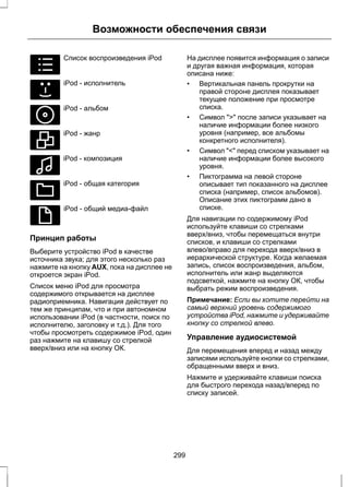 E100031 
Возможности обеспечения связи 
Список воспроизведения iPod 
E100032 
iPod - исполнитель 
E100033 
iPod - альбом 
E100034 
iPod - жанр 
E100035 
iPod - композиция 
E100036 
iPod - общая категория 
E100037 
iPod - общий медиа-файл 
Принцип работы 
Выберите устройство iPod в качестве 
источника звука; для этого несколько раз 
нажмите на кнопку AUX, пока на дисплее не 
откроется экран iPod. 
Список меню iPod для просмотра 
содержимого открывается на дисплее 
радиоприемника. Навигация действует по 
тем же принципам, что и при автономном 
использовании iPod (в частности, поиск по 
исполнителю, заголовку и т.д.). Для того 
чтобы просмотреть содержимое iPod, один 
раз нажмите на клавишу со стрелкой 
вверх/вниз или на кнопку ОК. 
На дисплее появится информация о записи 
и другая важная информация, которая 
описана ниже: 
• Вертикальная панель прокрутки на 
правой стороне дисплея показывает 
текущее положение при просмотре 
списка. 
• Символ  после записи указывает на 
наличие информации более низкого 
уровня (например, все альбомы 
конкретного исполнителя). 
• Символ  перед списком указывает на 
наличие информации более высокого 
уровня. 
• Пиктограмма на левой стороне 
описывает тип показанного на дисплее 
списка (например, список альбомов). 
Описание этих пиктограмм дано в 
списке. 
Для навигации по содержимому iPod 
используйте клавиши со стрелками 
вверх/вниз, чтобы перемещаться внутри 
списков, и клавиши со стрелками 
влево/вправо для перехода вверх/вниз в 
иерархической структуре. Когда желаемая 
запись, список воспроизведения, альбом, 
исполнитель или жанр выделяются 
подсветкой, нажмите на кнопку ОК, чтобы 
выбрать режим воспроизведения. 
Примечание: Если вы хотите перейти на 
самый верхний уровень содержимого 
устройства iPod, нажмите и удерживайте 
кнопку со стрелкой влево. 
Управление аудиосистемой 
Для перемещения вперед и назад между 
записями используйте кнопки со стрелками, 
обращенными вверх и вниз. 
Нажмите и удерживайте клавиши поиска 
для быстрого перехода назад/вперед по 
списку записей. 
299 
 