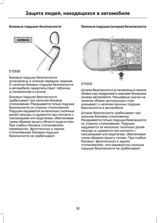 Защита людей, находящихся в автомобиле 
Боковые подушки безопасности 
E72658 
Боковые подушки безопасности 
установлены в спинках передних сидений. 
О наличии боковых подушек безопасности 
в автомобиле свидетельствует табличка, 
установленная в салоне. 
Боковые подушки безопасности 
срабатывают при сильном боковом 
столкновении. Раскрывается только подушка 
безопасности со стороны столкновения. 
Подушки надуваются за несколько тысячных 
долей секунды и сдуваются при контакте с 
пассажирами или водителем, обеспечивая 
таким образом защиту области груди и плеч. 
При слабых боковых столкновениях, 
переворотах, фронтальных и задних 
столкновениях боковые подушки 
безопасности не срабатывают. 
Оконные подушки (шторки) безопасности 
E75004 
Шторки безопасности установлены в панели 
обивки над передними и задними боковыми 
окнами автомобиля. Рельефные значки на 
панелях обивки центральных стоек 
указывают о наличии оконных подушек 
безопасности в автомобиле. 
Шторки безопасности срабатывают при 
сильном боковом столкновении. 
Раскрывается только подушка безопасности 
со стороны столкновения. Подушки 
надуваются за несколько тысячных долей 
секунды и сдуваются при контакте с 
пассажирами или водителем, обеспечивая 
таким образом защиту головы. При слабых 
боковых, фронтальных и задних 
столкновениях, или переворотах оконные 
подушки безопасности не срабатывают. 
30 
 