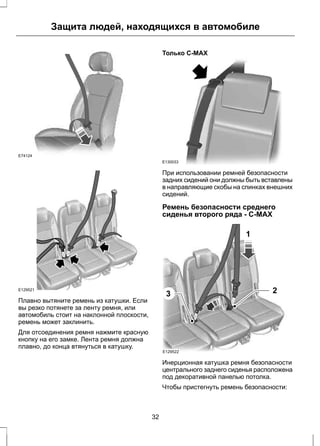 E74124 
Защита людей, находящихся в автомобиле 
E129521 
Плавно вытяните ремень из катушки. Если 
вы резко потянете за ленту ремня, или 
автомобиль стоит на наклонной плоскости, 
ремень может заклинить. 
Для отсоединения ремня нажмите красную 
кнопку на его замке. Лента ремня должна 
плавно, до конца втянуться в катушку. 
Только C-MAX 
E130033 
При использовании ремней безопасности 
задних сидений они должны быть вставлены 
в направляющие скобы на спинках внешних 
сидений. 
Ремень безопасности среднего 
сиденья второго ряда - C-MAX 
E129522 
2 
1 
3 
Инерционная катушка ремня безопасности 
центрального заднего сиденья расположена 
под декоративной панелью потолка. 
Чтобы пристегнуть ремень безопасности: 
32 
 