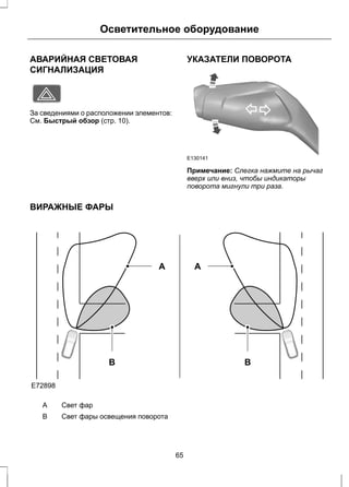 Осветительное оборудование 
АВАРИЙНАЯ СВЕТОВАЯ 
СИГНАЛИЗАЦИЯ 
E71943 
За сведениями о расположении элементов: 
См. Быстрый обзор (стр. 10). 
УКАЗАТЕЛИ ПОВОРОТА 
E130141 
Примечание: Слегка нажмите на рычаг 
вверх или вниз, чтобы индикаторы 
поворота мигнули три раза. 
ВИРАЖНЫЕ ФАРЫ 
E72898 
B 
A 
B 
A 
A Свет фар 
B Свет фары освещения поворота 
65 
 