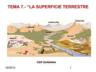 TEMA 7.- “LA SUPERFICIE TERRESTRE




            CEIP GUADIANA

02/28/13                    1
 