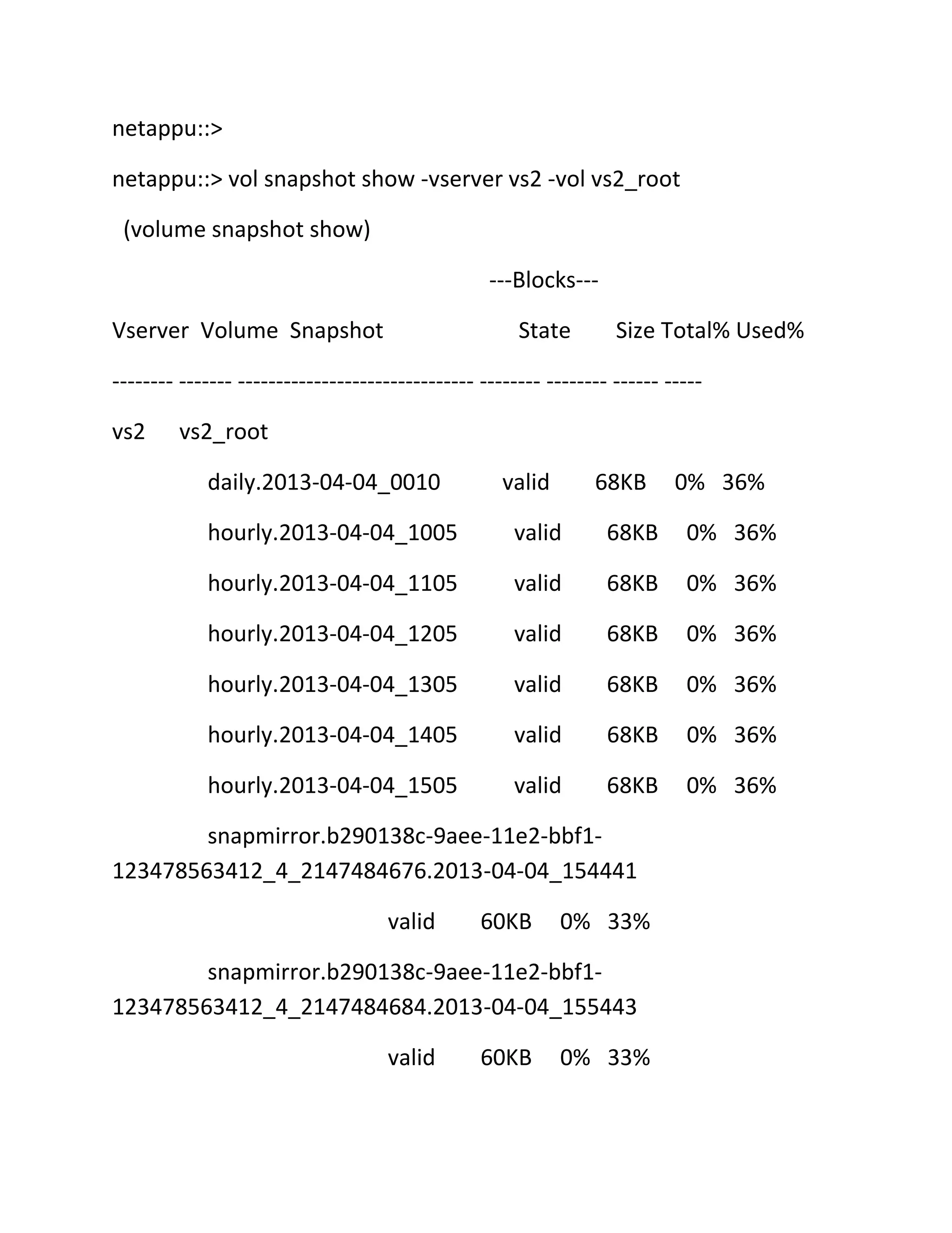 netappu::>
netappu::> vol snapshot show -vserver vs2 -vol vs2_root
(volume snapshot show)
---Blocks--Vserver Volume Snapshot

State

Size Total% Used%

-------- ------- ------------------------------- -------- -------- ------ ----vs2

vs2_root
daily.2013-04-04_0010

valid

68KB

0% 36%

hourly.2013-04-04_1005

valid

68KB

0% 36%

hourly.2013-04-04_1105

valid

68KB

0% 36%

hourly.2013-04-04_1205

valid

68KB

0% 36%

hourly.2013-04-04_1305

valid

68KB

0% 36%

hourly.2013-04-04_1405

valid

68KB

0% 36%

hourly.2013-04-04_1505

valid

68KB

0% 36%

snapmirror.b290138c-9aee-11e2-bbf1123478563412_4_2147484676.2013-04-04_154441
valid

60KB

0% 33%

snapmirror.b290138c-9aee-11e2-bbf1123478563412_4_2147484684.2013-04-04_155443
valid

60KB

0% 33%

 