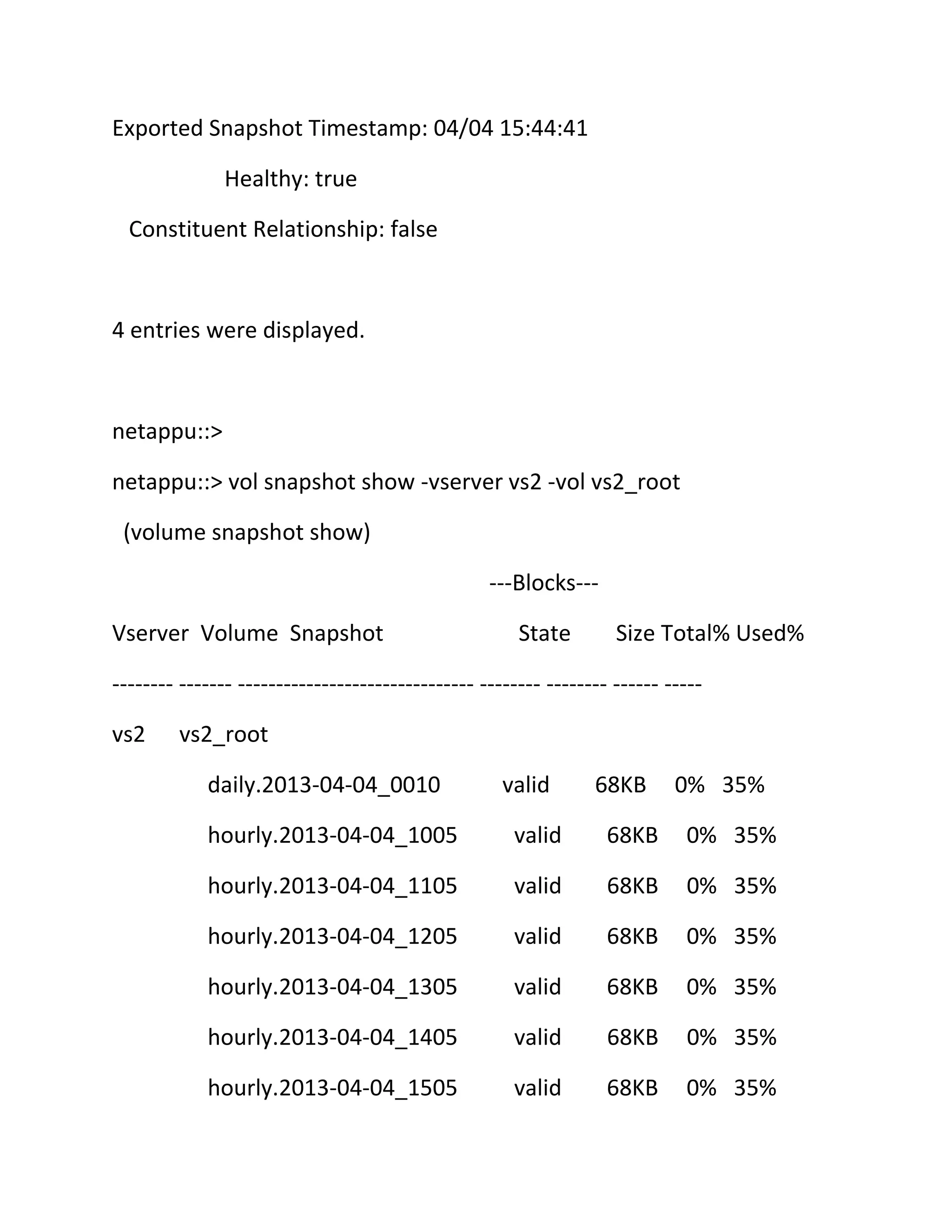 Exported Snapshot Timestamp: 04/04 15:44:41
Healthy: true
Constituent Relationship: false

4 entries were displayed.

netappu::>
netappu::> vol snapshot show -vserver vs2 -vol vs2_root
(volume snapshot show)
---Blocks--Vserver Volume Snapshot

State

Size Total% Used%

-------- ------- ------------------------------- -------- -------- ------ ----vs2

vs2_root
daily.2013-04-04_0010

valid

68KB

0% 35%

hourly.2013-04-04_1005

valid

68KB

0% 35%

hourly.2013-04-04_1105

valid

68KB

0% 35%

hourly.2013-04-04_1205

valid

68KB

0% 35%

hourly.2013-04-04_1305

valid

68KB

0% 35%

hourly.2013-04-04_1405

valid

68KB

0% 35%

hourly.2013-04-04_1505

valid

68KB

0% 35%

 