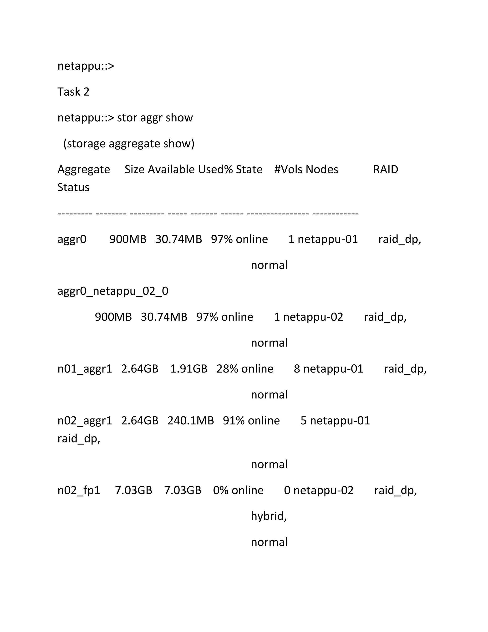 netappu::>
Task 2
netappu::> stor aggr show
(storage aggregate show)
Aggregate
Status

Size Available Used% State #Vols Nodes

RAID

--------- -------- --------- ----- ------- ------ ---------------- -----------aggr0

900MB 30.74MB 97% online

1 netappu-01

raid_dp,

normal
aggr0_netappu_02_0
900MB 30.74MB 97% online

1 netappu-02

raid_dp,

normal
n01_aggr1 2.64GB 1.91GB 28% online

8 netappu-01

raid_dp,

normal
n02_aggr1 2.64GB 240.1MB 91% online
raid_dp,

5 netappu-01

normal
n02_fp1

7.03GB 7.03GB 0% online

0 netappu-02

hybrid,
normal

raid_dp,

 