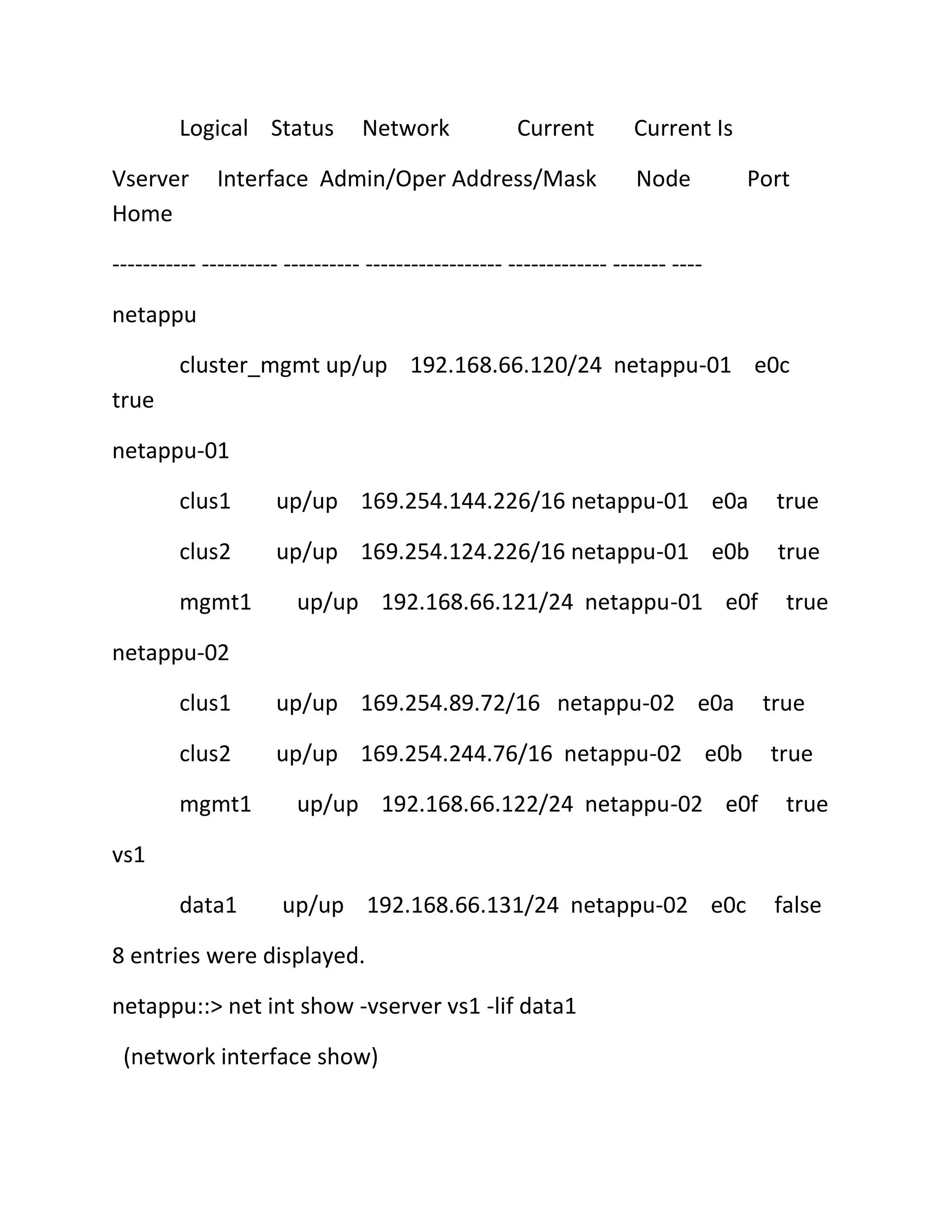 Logical Status
Vserver
Home

Network

Current

Interface Admin/Oper Address/Mask

Current Is
Node

Port

----------- ---------- ---------- ------------------ ------------- ------- ---netappu
cluster_mgmt up/up 192.168.66.120/24 netappu-01 e0c
true
netappu-01
clus1

up/up 169.254.144.226/16 netappu-01 e0a

true

clus2

up/up 169.254.124.226/16 netappu-01 e0b

true

mgmt1

up/up 192.168.66.121/24 netappu-01 e0f

true

netappu-02
clus1

up/up 169.254.89.72/16 netappu-02 e0a

clus2

up/up 169.254.244.76/16 netappu-02 e0b

mgmt1

up/up 192.168.66.122/24 netappu-02 e0f

true
true
true

vs1
data1

up/up 192.168.66.131/24 netappu-02 e0c

8 entries were displayed.
netappu::> net int show -vserver vs1 -lif data1
(network interface show)

false

 