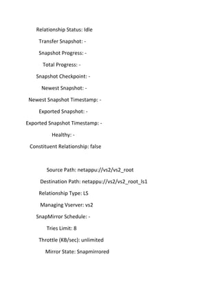 Relationship Status: Idle
Transfer Snapshot: Snapshot Progress: Total Progress: Snapshot Checkpoint: Newest Snapshot: Newest Snapshot Timestamp: Exported Snapshot: Exported Snapshot Timestamp: Healthy: Constituent Relationship: false

Source Path: netappu://vs2/vs2_root
Destination Path: netappu://vs2/vs2_root_ls1
Relationship Type: LS
Managing Vserver: vs2
SnapMirror Schedule: Tries Limit: 8
Throttle (KB/sec): unlimited
Mirror State: Snapmirrored

 