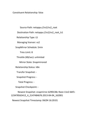 Constituent Relationship: false

Source Path: netappu://vs2/vs2_root
Destination Path: netappu://vs2/vs2_root_ls1
Relationship Type: LS
Managing Vserver: vs2
SnapMirror Schedule: 5min
Tries Limit: 8
Throttle (KB/sec): unlimited
Mirror State: Snapmirrored
Relationship Status: Idle
Transfer Snapshot: Snapshot Progress: Total Progress: Snapshot Checkpoint: Newest Snapshot: snapmirror.b290138c-9aee-11e2-bbf1123478563412_4_2147484676.2013-04-04_162001
Newest Snapshot Timestamp: 04/04 16:20:01

 