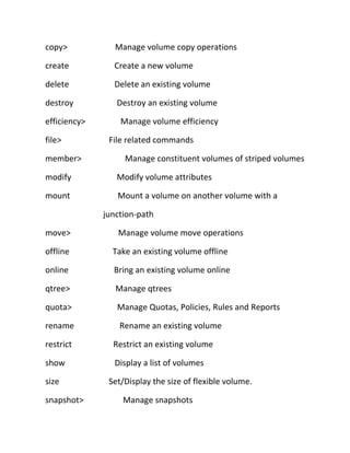 copy>

Manage volume copy operations

create

Create a new volume

delete

Delete an existing volume

destroy

Destroy an existing volume

efficiency>
file>
member>

Manage volume efficiency
File related commands
Manage constituent volumes of striped volumes

modify

Modify volume attributes

mount

Mount a volume on another volume with a
junction-path

move>

Manage volume move operations

offline

Take an existing volume offline

online

Bring an existing volume online

qtree>

Manage qtrees

quota>

Manage Quotas, Policies, Rules and Reports

rename

Rename an existing volume

restrict

Restrict an existing volume

show

Display a list of volumes

size
snapshot>

Set/Display the size of flexible volume.
Manage snapshots

 