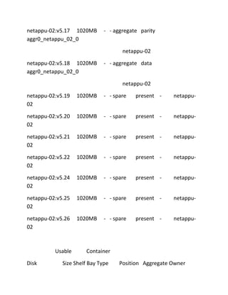 netappu-02:v5.17 1020MB
aggr0_netappu_02_0

- - aggregate parity
netappu-02

netappu-02:v5.18 1020MB
aggr0_netappu_02_0

- - aggregate data
netappu-02

netappu-02:v5.19
02

1020MB

- - spare

present -

netappu-

netappu-02:v5.20
02

1020MB

- - spare

present -

netappu-

netappu-02:v5.21
02

1020MB

- - spare

present -

netappu-

netappu-02:v5.22
02

1020MB

- - spare

present -

netappu-

netappu-02:v5.24
02

1020MB

- - spare

present -

netappu-

netappu-02:v5.25
02

1020MB

- - spare

present -

netappu-

netappu-02:v5.26
02

1020MB

- - spare

present -

netappu-

Usable
Disk

Container

Size Shelf Bay Type

Position Aggregate Owner

 