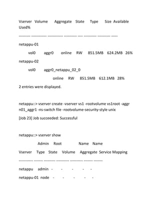 Vserver Volume
Used%

Aggregate State

Type

Size Available

--------- ------------ ------------ ---------- ---- ---------- ---------- ----netappu-01
vol0

aggr0

online

RW

851.5MB 624.2MB 26%

netappu-02
vol0

aggr0_netappu_02_0
online

RW

851.5MB 612.1MB 28%

2 entries were displayed.

netappu::> vserver create -vserver vs1 -rootvolume vs1root -aggr
n01_aggr1 -ns-switch file -rootvolume-security-style unix
[Job 23] Job succeeded: Successful

netappu::> vserver show
Admin
Vserver

Root

Type State

Name Name
Volume

Aggregate Service Mapping

----------- ------- --------- ---------- ---------- ------- ------netappu

admin -

netappu-01 node -

-

-

-

-

-

 