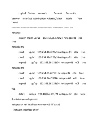 Logical Status
Vserver
Home

Network

Current

Interface Admin/Oper Address/Mask

Current Is
Node

Port

----------- ---------- ---------- ------------------ ------------- ------- ---netappu
cluster_mgmt up/up 192.168.66.120/24 netappu-01 e0c
true
netappu-01
clus1

up/up 169.254.144.226/16 netappu-01 e0a

true

clus2

up/up 169.254.124.226/16 netappu-01 e0b

true

mgmt1

up/up 192.168.66.121/24 netappu-01 e0f

true

netappu-02
clus1

up/up 169.254.89.72/16 netappu-02 e0a

clus2

up/up 169.254.244.76/16 netappu-02 e0b

mgmt1

up/up 192.168.66.122/24 netappu-02 e0f

true
true
true

vs1
data1

up/up 192.168.66.131/24 netappu-02 e0c

8 entries were displayed.
netappu::> net int show -vserver vs1 -lif data1
(network interface show)

false

 
