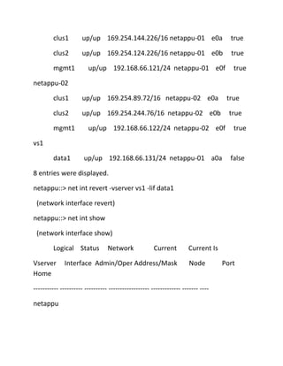 clus1

up/up 169.254.144.226/16 netappu-01 e0a

true

clus2

up/up 169.254.124.226/16 netappu-01 e0b

true

mgmt1

up/up 192.168.66.121/24 netappu-01 e0f

true

netappu-02
clus1

up/up 169.254.89.72/16 netappu-02 e0a

clus2

up/up 169.254.244.76/16 netappu-02 e0b

mgmt1

true
true

up/up 192.168.66.122/24 netappu-02 e0f

true

vs1
data1

up/up 192.168.66.131/24 netappu-01 a0a

false

8 entries were displayed.
netappu::> net int revert -vserver vs1 -lif data1
(network interface revert)
netappu::> net int show
(network interface show)
Logical Status
Vserver
Home

Network

Current

Interface Admin/Oper Address/Mask

Current Is
Node

----------- ---------- ---------- ------------------ ------------- ------- ---netappu

Port

 