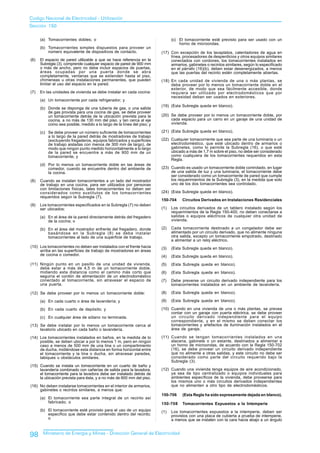 Codigo Nacional de Electricidad - Utilización
Sección 150

      (a) Tomacorrientes dobles; o                                            (c) El tomacorriente esté previsto para ser usado con un
                                                                                  horno de microondas.
      (b) Tomacorrientes simples dispuestos para proveer un
          número equivalente de dispositivos de contacto.               (17) Con excepción de los lavaplatos, calentadores de agua en
                                                                             línea, procesadores de desperdicios y otros equipos similares
(6)   El espacio de pared utilizable a que se hace referencia en la          conectados con cordones, los tomacorrientes instalados en
      Subregla (3), comprende cualquier espacio de pared de 900 mm           armarios, gabinetes o recintos similares, según lo especificado
      o más de ancho, pero no debe incluir espacios de puertas,              en el párrafo (16)(b), deben estar desenergizados, a menos
      áreas ocupadas por una puerta donde se abra                            que las puertas del recinto estén completamente abiertas.
      completamente, ventanas que se extienden hasta el piso,
      chimeneas u otras instalaciones permanentes, que pueden           (18) En cada unidad de vivienda de una o más plantas, se
      limitar el uso del espacio en la pared.                                debe proveer por lo menos un tomacorriente doble en el
                                                                             exterior, de modo que sea fácilmente accesible, donde
(7)   En las unidades de vivienda se debe instalar en cada cocina:           requiera ser utilizado por electrodomésticos que por
                                                                             necesidad deban ser usados en exteriores.
      (a) Un tomacorriente por cada refrigerador; y
                                                                        (19) (Esta Subregla queda en blanco).
      (b) Donde se disponga de una tubería de gas, o una salida
          de gas provista para una cocina de gas, se debe proveer
          un tomacorriente detrás de la ubicación prevista para la      (20) Se debe proveer por lo menos un tomacorriente doble, por
          cocina, a no más de 130 mm del piso, y tan cerca al eje            cada espacio para un carro en un garaje de una unidad de
          como sea posible, medido a lo largo de la línea del piso; y        vivienda.

      (c) Se debe proveer un número suficiente de tomacorrientes        (21) (Esta Subregla queda en blanco).
          a lo largo de la pared detrás de mostradores de trabajo
          (excluyendo fregaderos, equipos fabricados y superficies      (22) Cualquier tomacorriente que sea parte de una luminaria o un
          de trabajo aisladas con menos de 300 mm de largo), de              electrodoméstico, que esté ubicado dentro de armarios o
          modo que ningún punto medido horizontalmente a lo largo            gabinetes, como lo permite la Subregla (16), o que esté
          de la pared se encuentre a más de 900 mm de un                     ubicado a más de 1,7 m sobre el piso, no debe ser considerado
          tomacorriente; y                                                   como cualquiera de los tomacorrientes requeridos en esta
                                                                             Regla.
      (d) Por lo menos un tomacorriente doble en las áreas de
          comedor, cuando se encuentre dentro del ambiente de           (23) Cuando es usado un tomacorriente doble controlado, en lugar
          la cocina.                                                         de una salida de luz y una luminaria, el tomacorriente debe
                                                                             ser considerado como un tomacorriente de pared que cumple
(8)   Cuando se instalan tomacorrientes a un lado del mostrador              los requerimientos de la Subregla (3), en la medida que solo
      de trabajo en una cocina, para ser utilizados por personas             uno de los dos tomacorrientes sea controlado.
      con limitaciones físicas, tales tomacorrientes no deben ser
      considerados como sustitutos de los tomacorrientes                (24) (Esta Subregla queda en blanco).
      requeridos según la Subregla (7).
                                                                        150-704     Circuitos Derivados en Instalaciones Residenciales
(9)   Los tomacorrientes especificados en la Subregla (7) no deben
      ser ubicados:                                                     (1)   Los circuitos derivados de un tablero instalado según los
                                                                              requerimientos de la Regla 150-400, no deben conectarse a
      (a) En el área de la pared directamente detrás del fregadero            salidas o equipos eléctricos de cualquier otra unidad de
          de la cocina; o                                                     vivienda.

      (b) En el área del mostrador enfrente del fregadero, donde        (2)   Cada tomacorriente destinado a un congelador debe ser
          basándose en la Subregla (8) se deba instalar                       alimentado por un circuito derivado, que no alimente ninguna
          tomacorrientes al lado de una superficie de trabajo.                otra salida, excepto un tomacorriente empotrado, destinado
                                                                              a alimentar a un reloj eléctrico.
(10) Los tomacorrientes no deben ser instalados con el frente hacia     (3)   (Esta Subregla queda en blanco).
     arriba en las superficies de trabajo de mostradores en áreas
     de cocina o comedor.                                               (4)   (Esta Subregla queda en blanco).
(11) Ningún punto en un pasillo de una unidad de vivienda,              (5)   (Esta Subregla queda en blanco).
     debe estar a más de 4,5 m de un tomacorriente doble,
     midiendo esta distancia como el camino más corto que               (6)   (Esta Subregla queda en blanco).
     seguiría el cordón de alimentación de un electrodoméstico
     conectado al tomacorriente, sin atravesar el espacio de            (7)   Debe preverse un circuito derivado independiente para los
     una puerta.                                                              tomacorrientes instalados en un ambiente de lavandería.

(12) Se debe proveer por lo menos un tomacorriente doble:               (8)   (Esta Subregla queda en blanco).

      (a) En cada cuarto o área de lavandería; y                        (9)   (Esta Subregla queda en blanco).

      (b) En cada cuarto de depósito; y                                 (10) Cuando en una vivienda de una o más plantas, se prevea
                                                                             contar con un garaje con puerta eléctrica, se debe proveer
      (c) En cualquier área de sótano no terminada.                          un circuito derivado independiente para el equipo
                                                                             correspondiente, y en el mismo se deben conectar los
(13) Se debe instalar por lo menos un tomacorriente cerca al                 tomacorrientes y artefactos de iluminación instalados en el
     lavatorio ubicado en cada baño o lavandería.                            área de garaje.

(14) Los tomacorrientes instalados en baños, en la medida de lo         (11) Cuando se tengan tomacorrientes instalados en una
     posible, se deben ubicar a por lo menos 1 m, pero en ningún             alacena, gabinete o un estante, destinados a alimentar a
     caso a menos de 500 mm de una tina o un compartimiento                  un horno de microondas, de acuerdo con la Regla 150-702
     de ducha, midiéndose esta distancia en forma horizontal entre           (16), se debe proveer un circuito derivado independiente
     el tomacorriente y la tina o ducha, sin atravesar paredes,              que no alimente a otras salidas, y este circuito no debe ser
     tabiques u obstáculos similares.                                        considerado como parte del circuito requerido bajo la
                                                                             Subregla (3).
(15) Cuando se instala un tomacorriente en un cuarto de baño y
     lavandería combinado con cañerías de salida para la lavadora,      (12) Cuando una vivienda tenga equipos de aire acondicionado,
     el tomacorriente para la lavadora debe ser instalado detrás de          ya sea de tipo centralizado o equipos individuales para
     la ubicación prevista para ésta, y a no más de 600 mm del piso.         ambientes específicos de la vivienda, debe proveerse para
                                                                             los mismos uno o más circuitos derivados independientes
(16) No deben instalarse tomacorrientes en el interior de armarios,          que no alimenten a otro tipo de electrodomésticos.
     gabinetes o recintos similares, a menos que:
                                                                        150-706     (Esta Regla ha sido expresamente dejada en blanco).
      (a) El tomacorriente sea parte integral de un recinto así
          fabricado; o                                                  150-708     Tomacorrientes Expuestos a la Intemperie
      (b) El tomacorriente esté provisto para el uso de un equipo       (1)   Los tomacorrientes expuestos a la intemperie, deben ser
          específico que debe estar contenido dentro del recinto;             provistos con una placa de cubierta a prueba de intemperie,
          o                                                                   a menos que se instalen con la cara hacia abajo a un ángulo


98     Ministerio de Energía y Minas - Dirección General de Electricidad
 