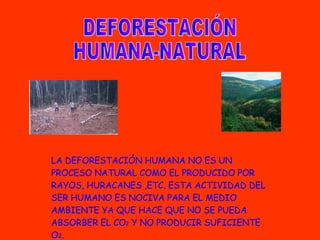 DEFORESTACIÓN HUMANA-NATURAL LA DEFORESTACIÓN HUMANA NO ES UN PROCESO NATURAL COMO EL PRODUCIDO POR RAYOS, HURACANES ,ETC. ESTA ACTIVIDAD DEL SER HUMANO ES NOCIVA PARA EL MEDIO AMBIENTE YA QUE HACE QUE NO SE PUEDA ABSORBER EL CO 2  Y NO PRODUCIR SUFICIENTE O 2 . 