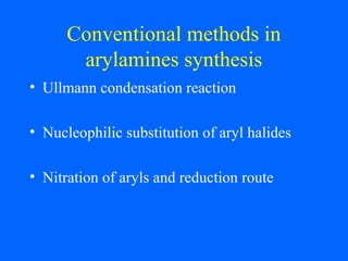 Conventional methods in
arylamines synthesis
• Ullmann condensation reaction
• Nucleophilic substitution of aryl halides
• Nitration of aryls and reduction route
 