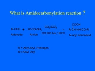 What is Amidocarbonylation reaction ?
'
CO
,
R-CHO + R'-CO-NH2 R-CH-NH-CO-R'
|
COOH
CO2(CO)8
200 bar,1200C
R = Alkyl,Aryl, Hydrogen
R =Alkyl, Aryl
Aldehyde Amide N-acyl aminoacid
 