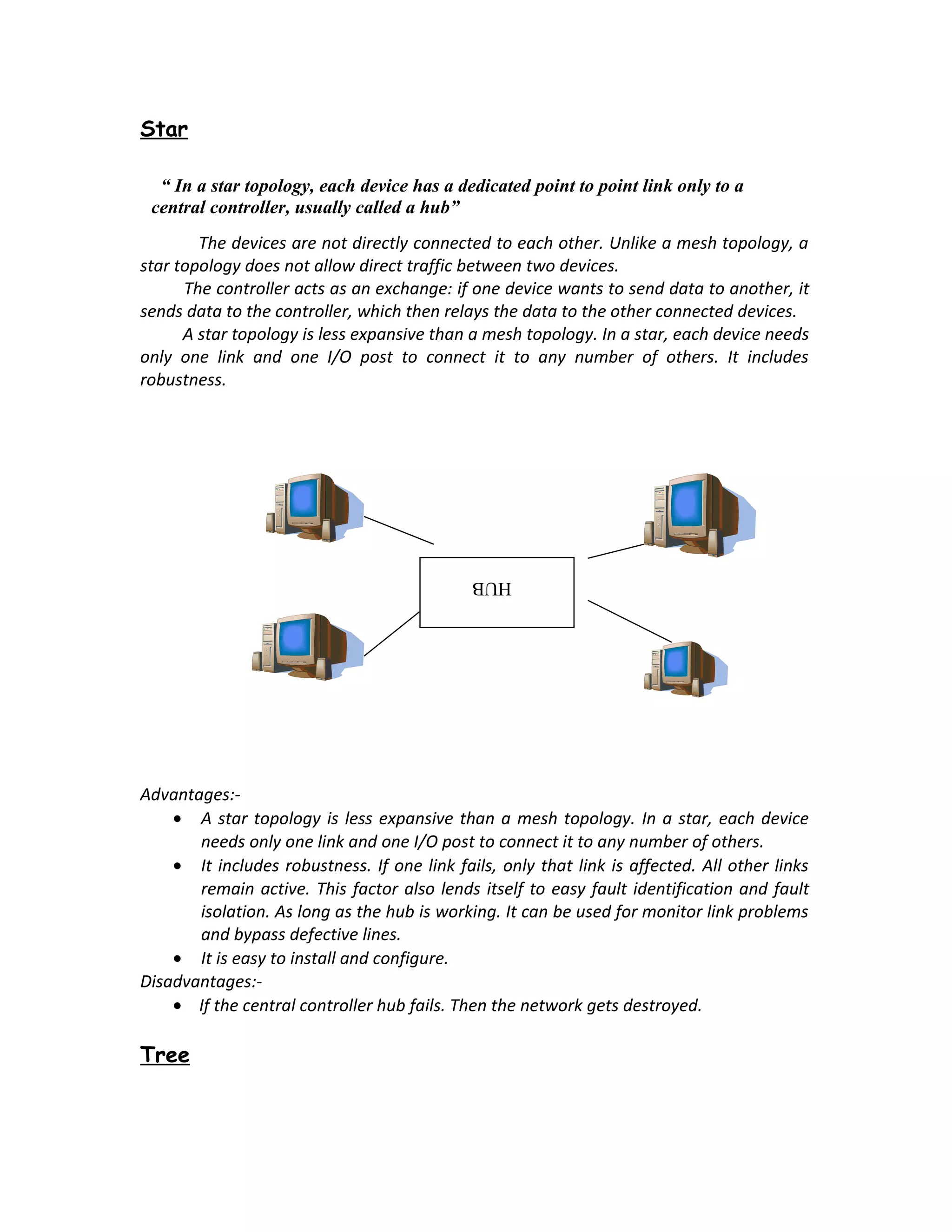 Star

   “ In a star topology, each device has a dedicated point to point link only to a
  central controller, usually called a hub”
         HUB
        The devices are not directly connected to each other. Unlike a mesh topology, a
star topology does not allow direct traffic between two devices.
      The controller acts as an exchange: if one device wants to send data to another, it
sends data to the controller, which then relays the data to the other connected devices.
      A star topology is less expansive than a mesh topology. In a star, each device needs
only one link and one I/O post to connect it to any number of others. It includes
robustness.




                                             HUB




Advantages:-
    • A star topology is less expansive than a mesh topology. In a star, each device
       needs only one link and one I/O post to connect it to any number of others.
    • It includes robustness. If one link fails, only that link is affected. All other links
       remain active. This factor also lends itself to easy fault identification and fault
       isolation. As long as the hub is working. It can be used for monitor link problems
       and bypass defective lines.
    • It is easy to install and configure.
Disadvantages:-
    • If the central controller hub fails. Then the network gets destroyed.

Tree
 