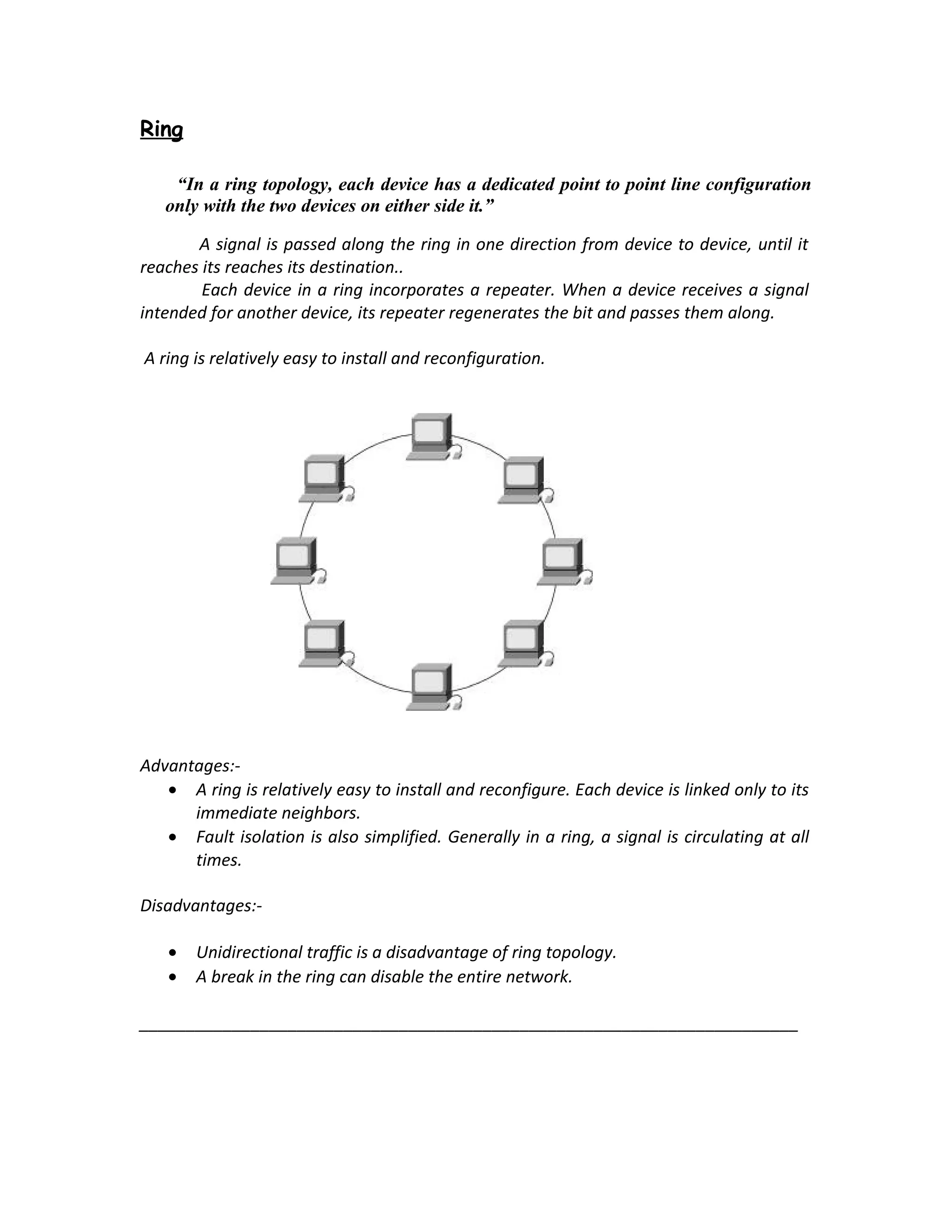 Ring

    “In a ring topology, each device has a dedicated point to point line configuration
   only with the two devices on either side it.”

       A signal is passed along the ring in one direction from device to device, until it
reaches its reaches its destination..
        Each device in a ring incorporates a repeater. When a device receives a signal
intended for another device, its repeater regenerates the bit and passes them along.

A ring is relatively easy to install and reconfiguration.




Advantages:-
   • A ring is relatively easy to install and reconfigure. Each device is linked only to its
      immediate neighbors.
   • Fault isolation is also simplified. Generally in a ring, a signal is circulating at all
      times.

Disadvantages:-

   •   Unidirectional traffic is a disadvantage of ring topology.
   •   A break in the ring can disable the entire network.

_______________________________________________________________________
 