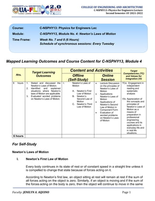 Faculty: JENILYN A. AQUINO Page 1
COLLEGE OF ENGINEERING AND ARCHITECTURE
C-NSPHY13: Physics for Engineers Lecture
Second Semester AY 2021-2022
Mapped Learning Outcomes and Course Content for C-NSPHY13, Module 4
Hrs.
Target Learning
Outcomes
Content and Activities Target
Competencies (TC)
and Values for
Integration (VI)
Offline
(Self-Study)
Online
Session
6 hours 1. Stated and discussed the
Newton’s Laws of Motion.
2. Identified and explained
situations where Newton’s
laws of Motion are applicable.
3. Evaluated worded problems
on Newton’s Laws of Motion.
I. Newton’s Laws of
Motion
A. Newton’s First
Law of Motion
B. Newton’s
Second Law of
Motion
C. Newton’s Third
Law of Motion
 Lecture Discussion
on the principles of
Newton’s Laws of
Motion
 Applications
Newton’s Laws of
Motion
 Applications of
Newton’s Second
Law of Motion in
Component Form
 Evaluation of
worded problems
on Newton’s Laws
of Motion
TCs: Engagement in
independent
reading and
systematic
analysis
VIs: Appreciation of
the concepts and
principles of
Newton’s Laws of
Motion as a
means of
preparation in
professional
engineering
courses and its
applications in
everyday life and
in real life
situations.
6 hours
For Self-Study
Newton’s Laws of Motion
I. Newton’s First Law of Motion
Every body continues in its state of rest or of constant speed in a straight line unless it
is compelled to change that state because of forces acting on it.
According to Newton’s first law, an object sitting at rest will remain at rest if the sum of
all forces acting on the object is zero. Similarly, if an object is moving and if the sum of
the forces acting on the body is zero, then the object will continue to move in the same
Course: C-NSPHY13: Physics for Engineers Lec
Module: C-NSPHY13, Module No. 4: Newton’s Laws of Motion
Time Frame: Week No. 7 and 8 (6 Hours)
Schedule of synchronous sessions: Every Tuesday
 
