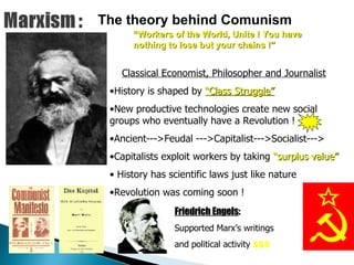 The theory behind Comunism “ Workers of the World, Unite ! You have nothing to lose but your chains !” Classical Economist, Philosopher and Journalist History is shaped by  “Class Struggle” New productive technologies create new social groups who eventually have a Revolution ! Ancient--->Feudal --->Capitalist--->Socialist--->  Capitalists exploit workers by taking  “surplus value” History has scientific laws just like nature Revolution was coming soon ! Friedrich Engels : Supported Marx’s writings and political activity  $$$ 