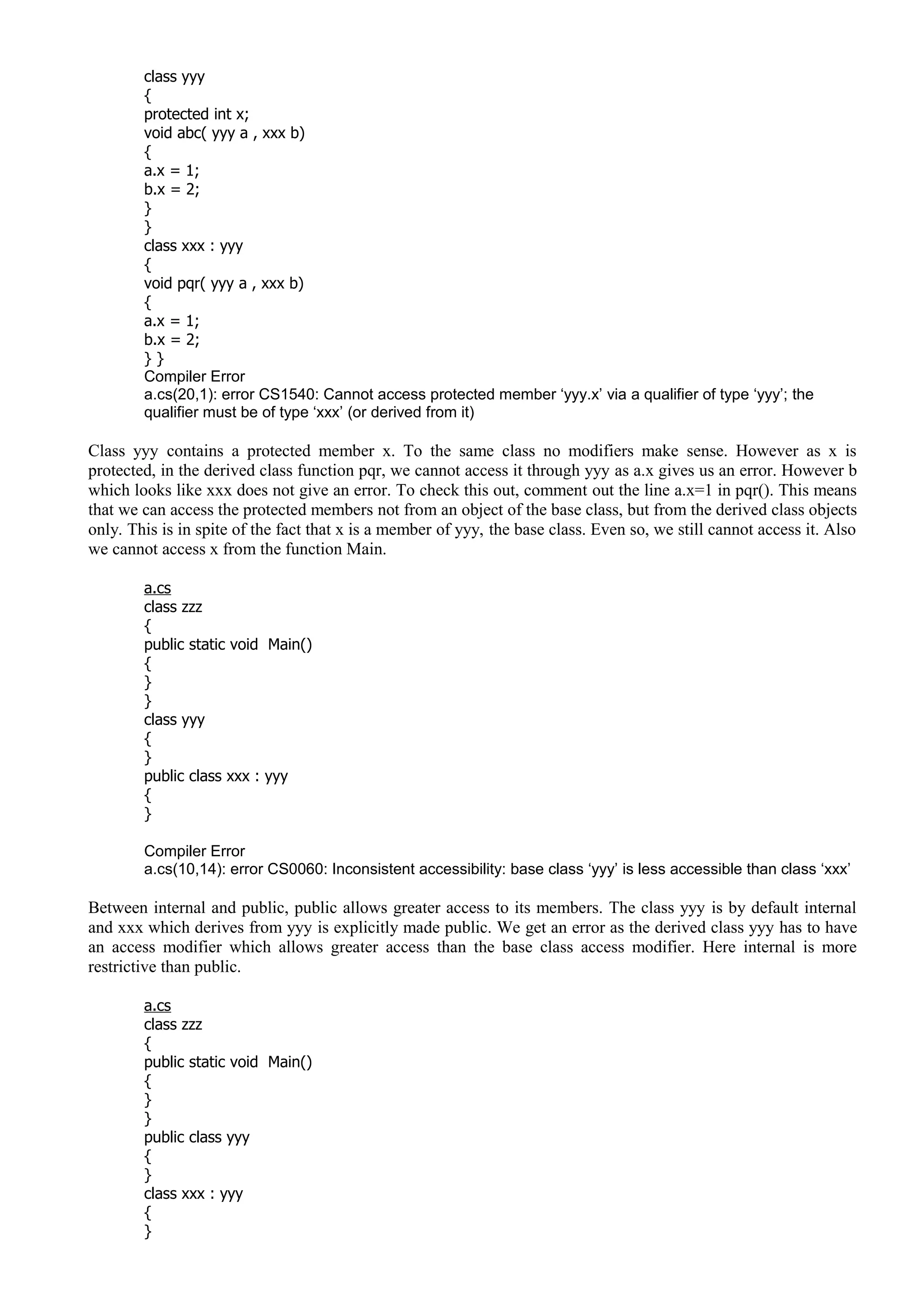 class yyy
{
protected int x;
void abc( yyy a , xxx b)
{
a.x = 1;
b.x = 2;
}
}
class xxx : yyy
{
void pqr( yyy a , xxx b)
{
a.x = 1;
b.x = 2;
} }
Compiler Error
a.cs(20,1): error CS1540: Cannot access protected member ‘yyy.x’ via a qualifier of type ‘yyy’; the
qualifier must be of type ‘xxx’ (or derived from it)
Class yyy contains a protected member x. To the same class no modifiers make sense. However as x is
protected, in the derived class function pqr, we cannot access it through yyy as a.x gives us an error. However b
which looks like xxx does not give an error. To check this out, comment out the line a.x=1 in pqr(). This means
that we can access the protected members not from an object of the base class, but from the derived class objects
only. This is in spite of the fact that x is a member of yyy, the base class. Even so, we still cannot access it. Also
we cannot access x from the function Main.
a.cs
class zzz
{
public static void Main()
{
}
}
class yyy
{
}
public class xxx : yyy
{
}
Compiler Error
a.cs(10,14): error CS0060: Inconsistent accessibility: base class ‘yyy’ is less accessible than class ‘xxx’
Between internal and public, public allows greater access to its members. The class yyy is by default internal
and xxx which derives from yyy is explicitly made public. We get an error as the derived class yyy has to have
an access modifier which allows greater access than the base class access modifier. Here internal is more
restrictive than public.
a.cs
class zzz
{
public static void Main()
{
}
}
public class yyy
{
}
class xxx : yyy
{
}
 