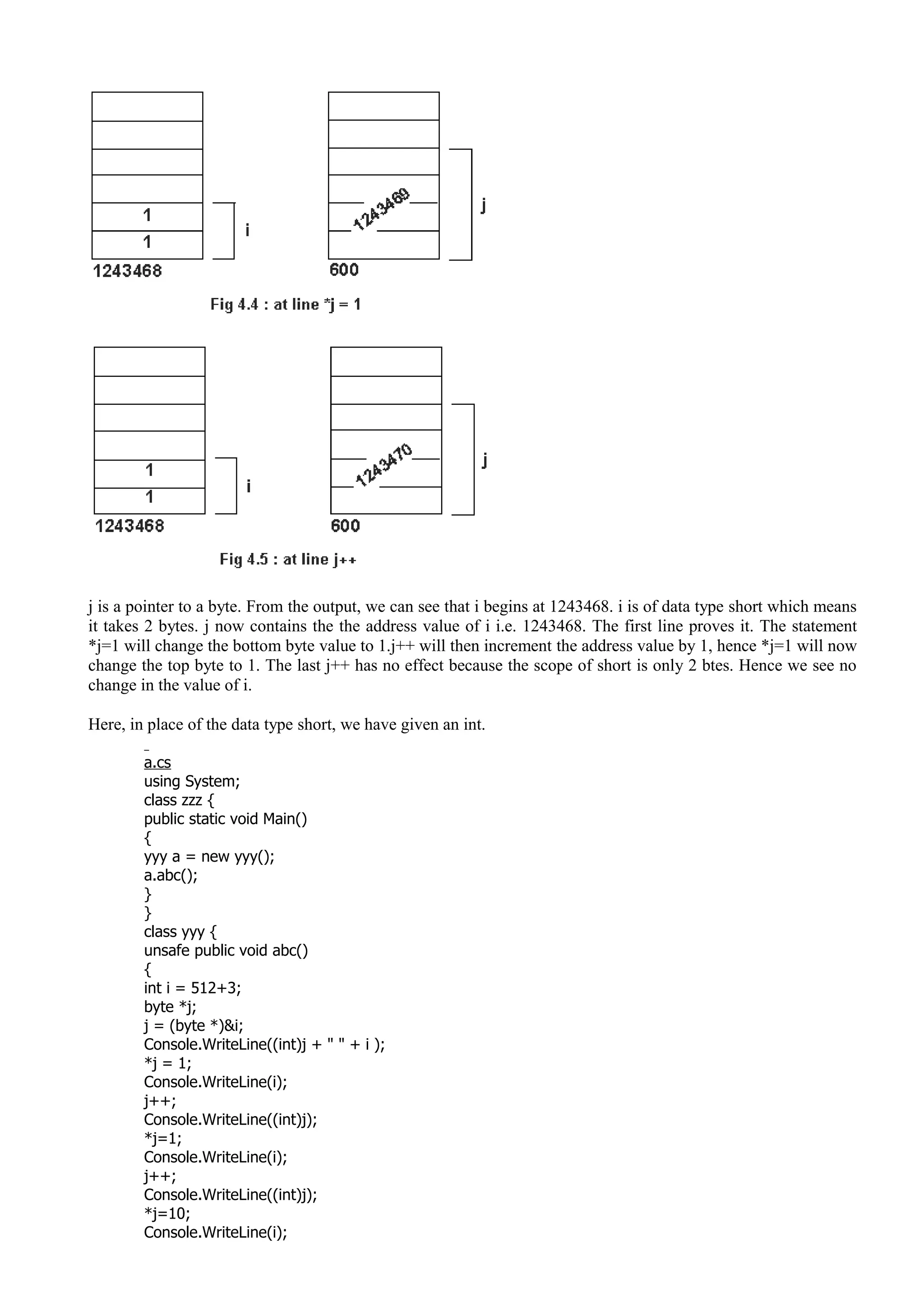 j is a pointer to a byte. From the output, we can see that i begins at 1243468. i is of data type short which means
it takes 2 bytes. j now contains the the address value of i i.e. 1243468. The first line proves it. The statement
*j=1 will change the bottom byte value to 1.j++ will then increment the address value by 1, hence *j=1 will now
change the top byte to 1. The last j++ has no effect because the scope of short is only 2 btes. Hence we see no
change in the value of i.
Here, in place of the data type short, we have given an int.
a.cs
using System;
class zzz {
public static void Main()
{
yyy a = new yyy();
a.abc();
}
}
class yyy {
unsafe public void abc()
{
int i = 512+3;
byte *j;
j = (byte *)&i;
Console.WriteLine((int)j + " " + i );
*j = 1;
Console.WriteLine(i);
j++;
Console.WriteLine((int)j);
*j=1;
Console.WriteLine(i);
j++;
Console.WriteLine((int)j);
*j=10;
Console.WriteLine(i);
 