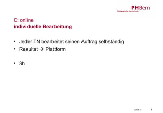 23.06.13 3
C: online
individuelle Bearbeitung
• Jeder TN bearbeitet seinen Auftrag selbständig
• Resultat  Plattform
• 3h
 
