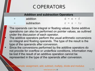 Addition and subtraction Operators
+ addition d = e + f
- subtraction r = s – t;
 The operands can be integral or floating values. Some additive
operations can also be performed on pointer values, as outlined
under the discussion of each operator.
 The additive operators perform the usual arithmetic conversions
on integral and floating operands. The type of the result is the
type of the operands after conversion.
 Since the conversions performed by the additive operators do
not provide for overflow or underflow conditions, information may
be lost if the result of an additive operation cannot be
represented in the type of the operands after conversion.
Program example: assignment, add, subtract, multiply, divide and modulus
C OPERATORS
11/46www.tenouk.com, ©
 