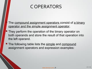 C OPERATORS
 The compound assignment operators consist of a binary
operator and the simple assignment operator.
 They perform the operation of the binary operator on
both operands and store the result of that operation into
the left operand.
 The following table lists the simple and compound
assignment operators and expression examples:
20/46www.tenouk.com, ©
 