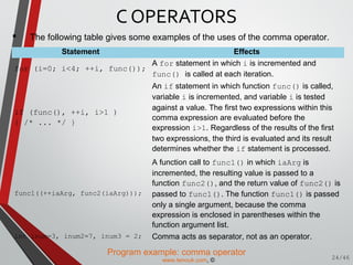  The following table gives some examples of the uses of the comma operator.
Statement Effects
for (i=0; i<4; ++i, func());
A for statement in which i is incremented and
func() is called at each iteration.
if (func(), ++i, i>1 )
{ /* ... */ }
An if statement in which function func() is called,
variable i is incremented, and variable i is tested
against a value. The first two expressions within this
comma expression are evaluated before the
expression i>1. Regardless of the results of the first
two expressions, the third is evaluated and its result
determines whether the if statement is processed.
func1((++iaArg, func2(iaArg)));
A function call to func1() in which iaArg is
incremented, the resulting value is passed to a
function func2(), and the return value of func2() is
passed to func1(). The function func1() is passed
only a single argument, because the comma
expression is enclosed in parentheses within the
function argument list.
int inum=3, inum2=7, inum3 = 2; Comma acts as separator, not as an operator.
Program example: comma operator
C OPERATORS
24/46www.tenouk.com, ©
 