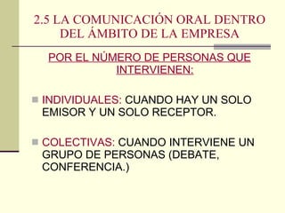 2.5 LA COMUNICACIÓN ORAL DENTRO DEL ÁMBITO DE LA EMPRESA POR EL NÚMERO DE PERSONAS QUE INTERVIENEN: INDIVIDUALES:  CUANDO HAY UN SOLO EMISOR Y UN SOLO RECEPTOR. COLECTIVAS:  CUANDO INTERVIENE UN GRUPO DE PERSONAS (DEBATE, CONFERENCIA.) 