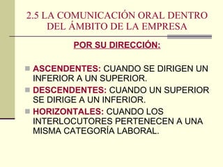 2.5 LA COMUNICACIÓN ORAL DENTRO DEL ÁMBITO DE LA EMPRESA POR SU DIRECCIÓN: ASCENDENTES:  CUANDO SE DIRIGEN UN INFERIOR A UN SUPERIOR. DESCENDENTES:  CUANDO UN SUPERIOR SE DIRIGE A UN INFERIOR. HORIZONTALES:  CUANDO LOS INTERLOCUTORES PERTENECEN A UNA MISMA CATEGORÍA LABORAL. 