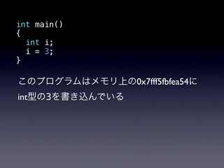int main()
{
  int i;
  i = 3;
}

このプログラムはメモリ上の0x7fff5fbfea54に
int型の3を書き込んでいる
 