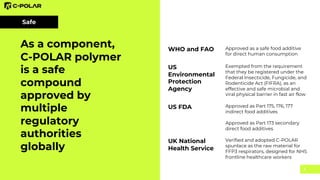 8
As a component,
C-POLAR polymer
is a safe
compound
approved by
multiple
regulatory
authorities
globally
Safe
WHO and FAO Approved as a safe food additive
for direct human consumption
US
Environmental
Protection
Agency
Exempted from the requirement
that they be registered under the
Federal Insecticide, Fungicide, and
Rodenticide Act (FIFRA), as an
effective and safe microbial and
viral physical barrier in fast air flow
US FDA Approved as Part 175, 176, 177
indirect food additives
Approved as Part 173 secondary
direct food additives
UK National
Health Service
Verified and adopted C-POLAR
spunlace as the raw material for
FFP3 respirators, designed for NHS
frontline healthcare workers
 