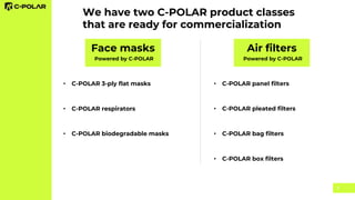 9
We have two C-POLAR product classes
that are ready for commercialization
• C-POLAR 3-ply flat masks
• C-POLAR respirators
• C-POLAR biodegradable masks
• C-POLAR panel filters
• C-POLAR bag filters
• C-POLAR box filters
• C-POLAR pleated filters
Face masks
Powered by C-POLAR
Air filters
Powered by C-POLAR
 