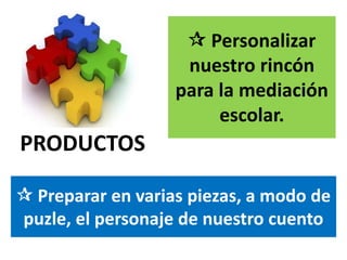  Preparar en varias piezas, a modo de
puzle, el personaje de nuestro cuento
 Personalizar
nuestro rincón
para la mediación
escolar.
PRODUCTOS
 