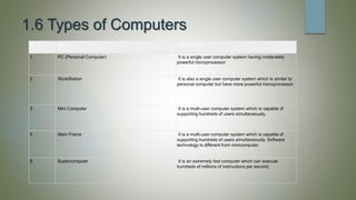 1.6 Types of Computers
Sr. No. Type Specifications
1 PC (Personal Computer) It is a single user computer system having moderately
powerful microprocessor
2 WorkStation It is also a single user computer system which is similar to
personal computer but have more powerful microprocessor.
3 Mini Computer It is a multi-user computer system which is capable of
supporting hundreds of users simultaneously.
4 Main Frame It is a multi-user computer system which is capable of
supporting hundreds of users simultaneously. Software
technology is different from minicomputer.
5 Supercomputer It is an extremely fast computer which can execute
hundreds of millions of instructions per second.
 