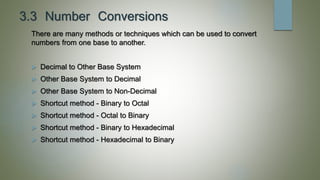 3.3 Number Conversions
There are many methods or techniques which can be used to convert
numbers from one base to another.
 Decimal to Other Base System
 Other Base System to Decimal
 Other Base System to Non-Decimal
 Shortcut method - Binary to Octal
 Shortcut method - Octal to Binary
 Shortcut method - Binary to Hexadecimal
 Shortcut method - Hexadecimal to Binary
 