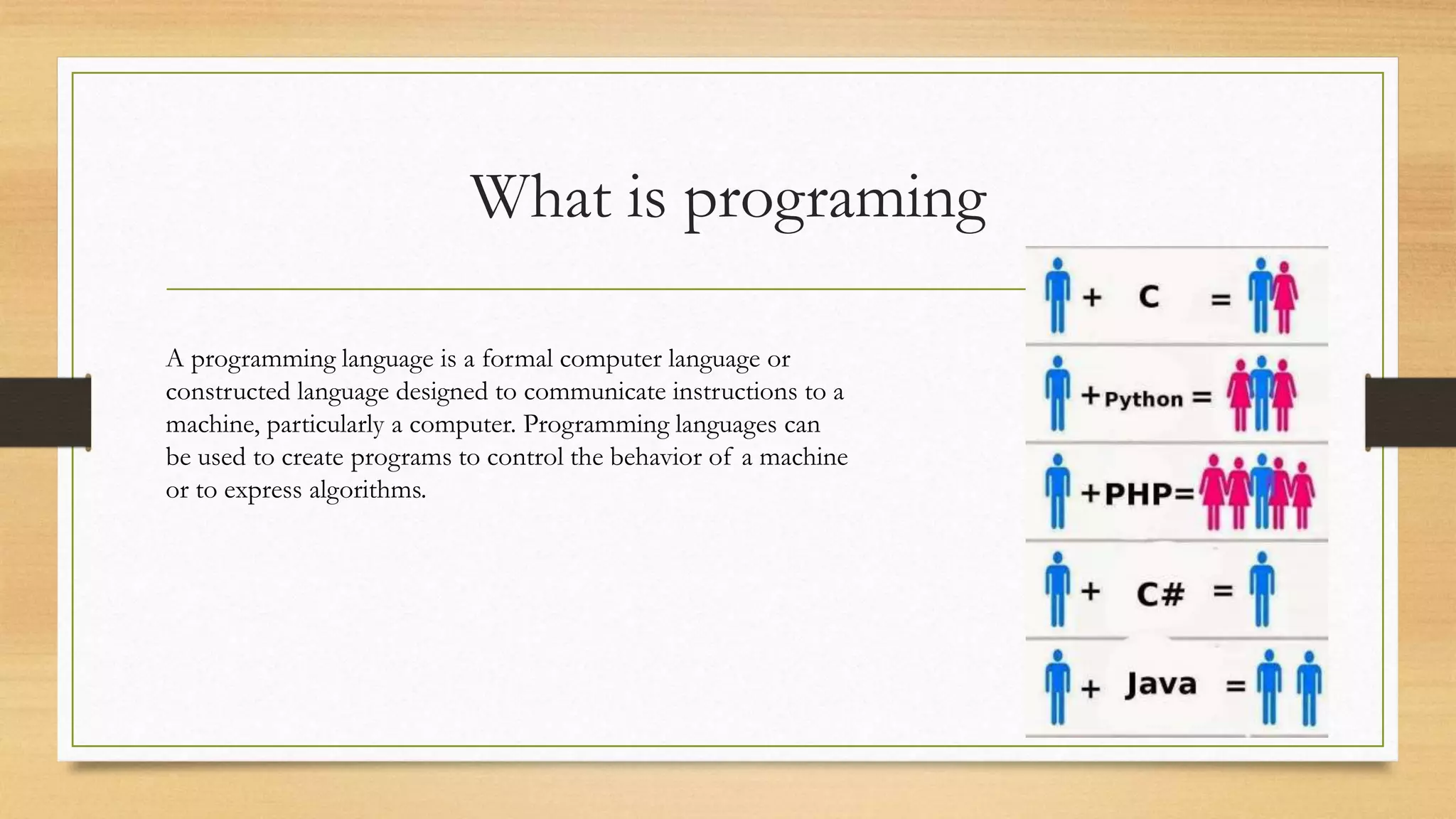 What is programing
A programming language is a formal computer language or
constructed language designed to communicate instructions to a
machine, particularly a computer. Programming languages can
be used to create programs to control the behavior of a machine
or to express algorithms.
 