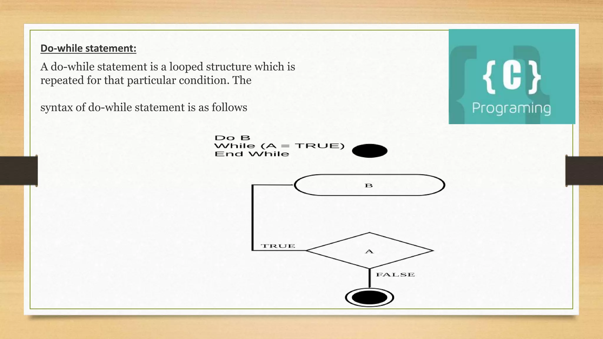 A do-while statement is a looped structure which is
repeated for that particular condition. The
syntax of do-while statement is as follows
Do-while statement:
 