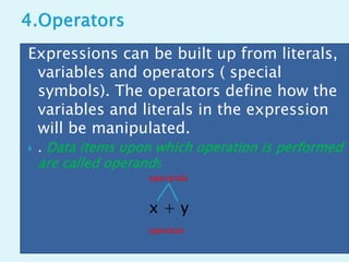 Expressions can be built up from literals,
variables and operators ( special
symbols). The operators define how the
variables and literals in the expression
will be manipulated.
 . Data items upon which operation is performed
are called operands
x + y
operands
operator
 